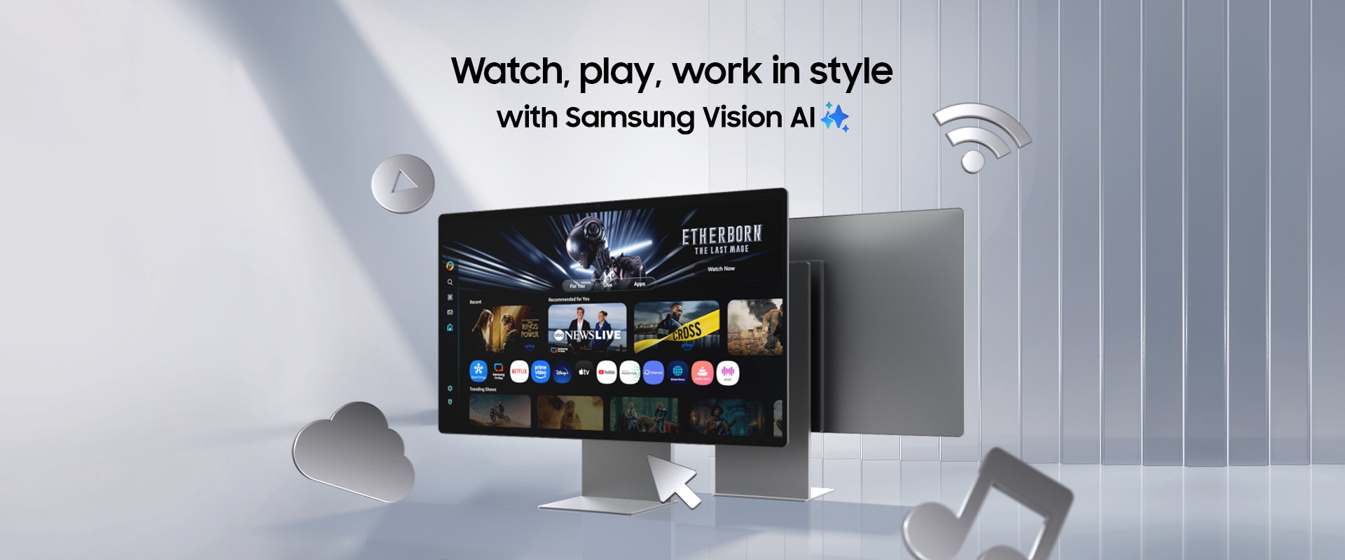 Sleduj, hraj a pracuj štýlovo so Samsung Vision AI. Okolo monitorov sú ikony Wi-Fi, hudby, cloudovej služby, kurzora a tlačidlá na prehrávanie. Na obrazovke sú rôzne aplikácie, obsah a ukážka z hry „Etherborn: The Last Mage“.