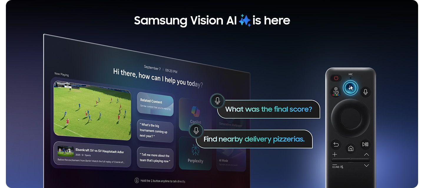 Logo Samsung Vision AI sa pripne k tlačidlu Vision AI na diaľkovom ovládači. Funkcie ako Copilot, Generatívna tapeta, Perplexity a režim AI sa zobrazujú na monitore v používateľskom rozhraní Vision AI. Po stlačení tlačidla mikrofónu sa objaví možnosť hlasového ovládania. Aký bol výsledok zápasu? Nájdi v okolí pizzerie s rozvozom.
