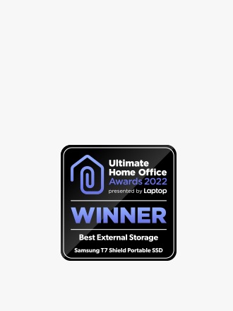 Logo pre víťaza ocenenia najlepšie externé úložisko Ultimate Home Office Awards 2022 propagované magazínom Laptop pre SSD T7 Shield.