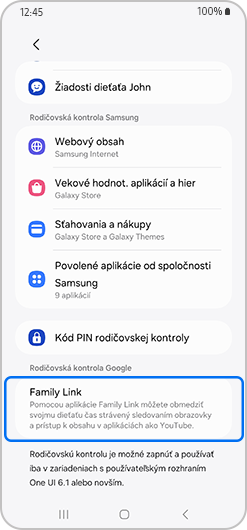 Obrazovka účtu dieťaťa s vyznačeným Rodinným odkazom.