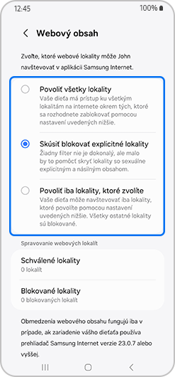 Obrazovka webového obsahu so zvolenou možnosťou Pokúsiť sa zablokovať explicitné stránky.
