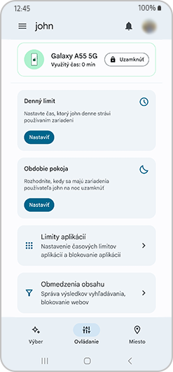Rozhranie Rodinného odkazu s denným limitom, časom bez obrazovky, limitom aplikácií a obmedzeniami obsahu.
