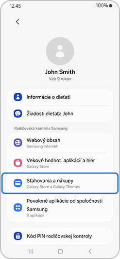 Menu rodičovskej kontroly s vyznačenými sťahovaniami a nákupmi.