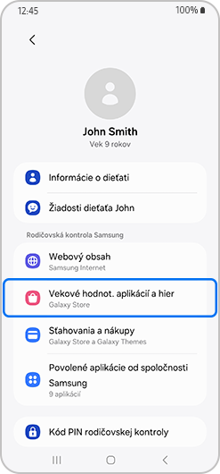 Menu rodičovskej kontroly s vyznačenými hodnoteniami veku aplikácií a hier.