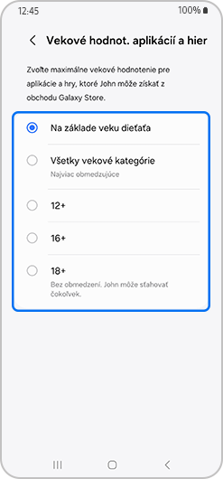 Obrazovka hodnotení veku aplikácií a hier, kde je vybraná možnosť Všetky vekové kategórie.