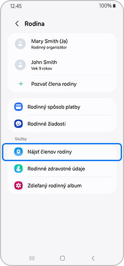 Rodinná obrazovka s vybranou možnosťou Nájsť členov rodiny