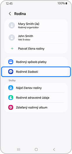 Rodinné požiadavky zvýraznené na obrazovke Rodina.