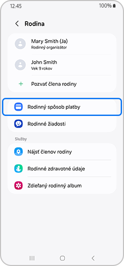 Rodinná platobná metóda zvýraznená na rodinnej obrazovke.
