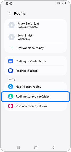 Rodinná obrazovka so zvoleným Hľadať členov rodiny
