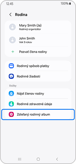 Rodinná obrazovka so zvoleným Zdieľaným rodinným albumom