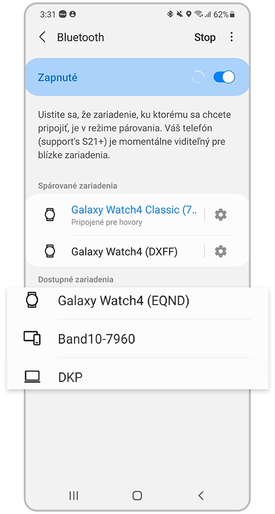 výber dostupných zariadení na spárovanie