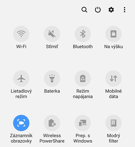 Obrázok rýchleho panela zobrazujúceho ponuku na voľbu funkcie snímača obrazovky