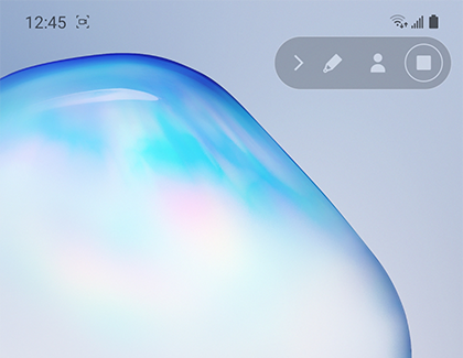 Note10 snímka obrazovky zobrazujúca ikonu Stop na pravej hornej strane počas nahrávania obrazovky