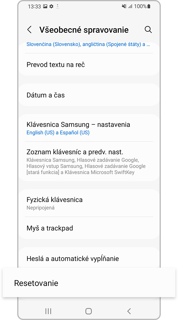 Vyberte položku Resetovanie