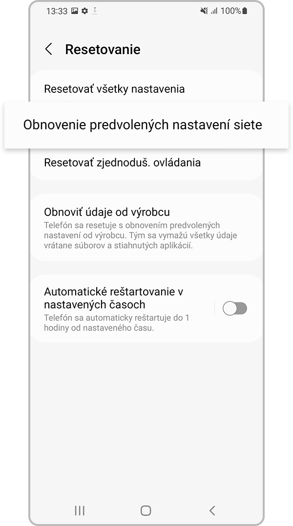Vyberte položku Obnovenie predvolených nastavení siete