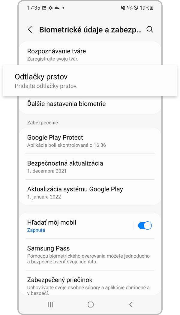registrovanie odtlačkov prstov – 2. krok