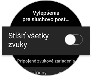 Vypnutá možnosť Stíšiť všetky zvuky na inteligentných hodinkách Galaxy