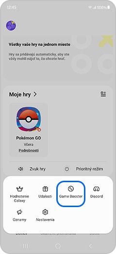 Možnosť Game Booster zvýraznená v aplikácii Gaming Hub
