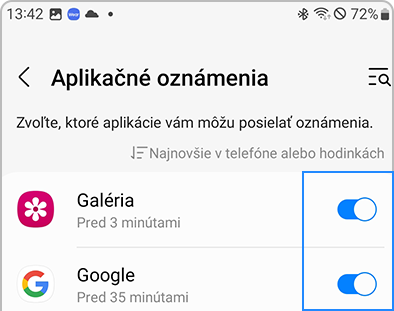 Zoznam aplikácií s prepínačmi v aplikácii Galaxy Wearable