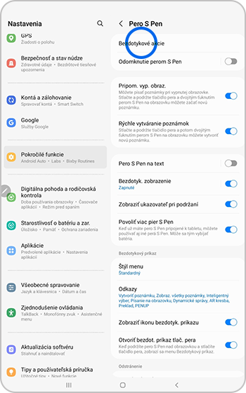 Bezdotykové akcie vybrané v ponuke pera S Pen