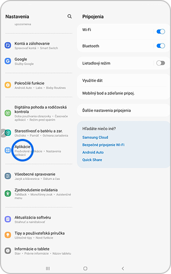 Aplikácie vybrané v ponuke nastavenia
