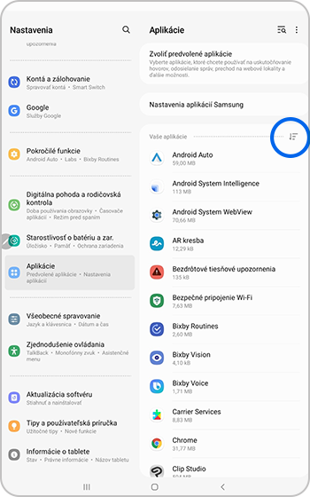Ikona Zoradiť podľa vybraná v zozname aplikácií