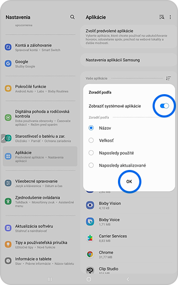 Vybraná možnosť Zobraziť systémové aplikácie