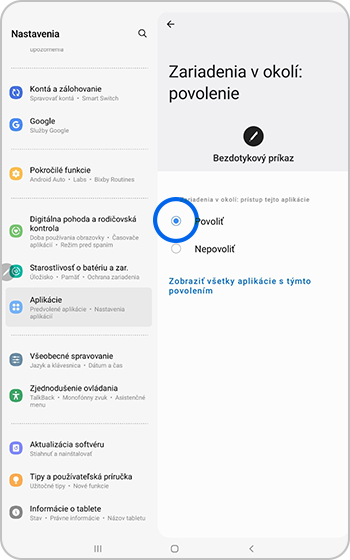 Povoliť vybrané v ponuke Povolenie