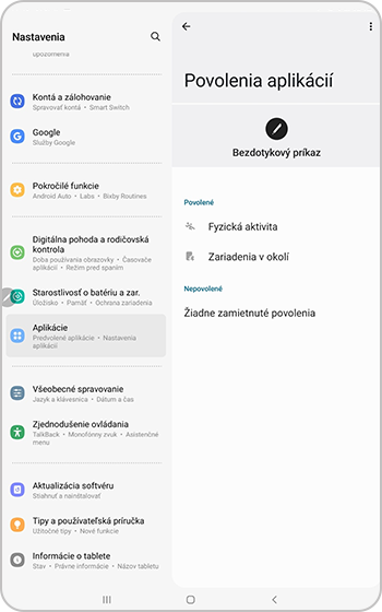 Zobrazená ponuka Povolenie aplikácie