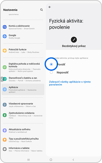 Povoliť vybrané v Povolenie k fyzickej aktivite