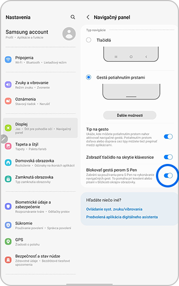 Blokovanie gest S Pen zapnuté