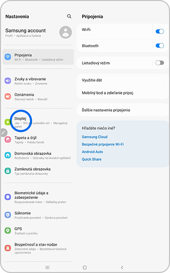 Zobrazenie vybrané v ponuke nastavení
