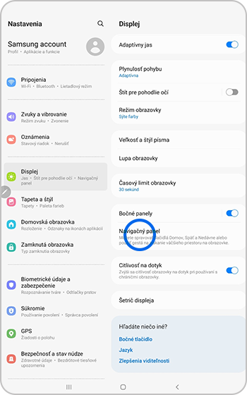 Navigačná lišta vybraná v ponuke Zobrazenie