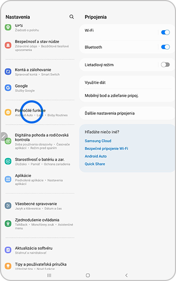 Rozšírené funkcie vybrané v ponuke nastavenia