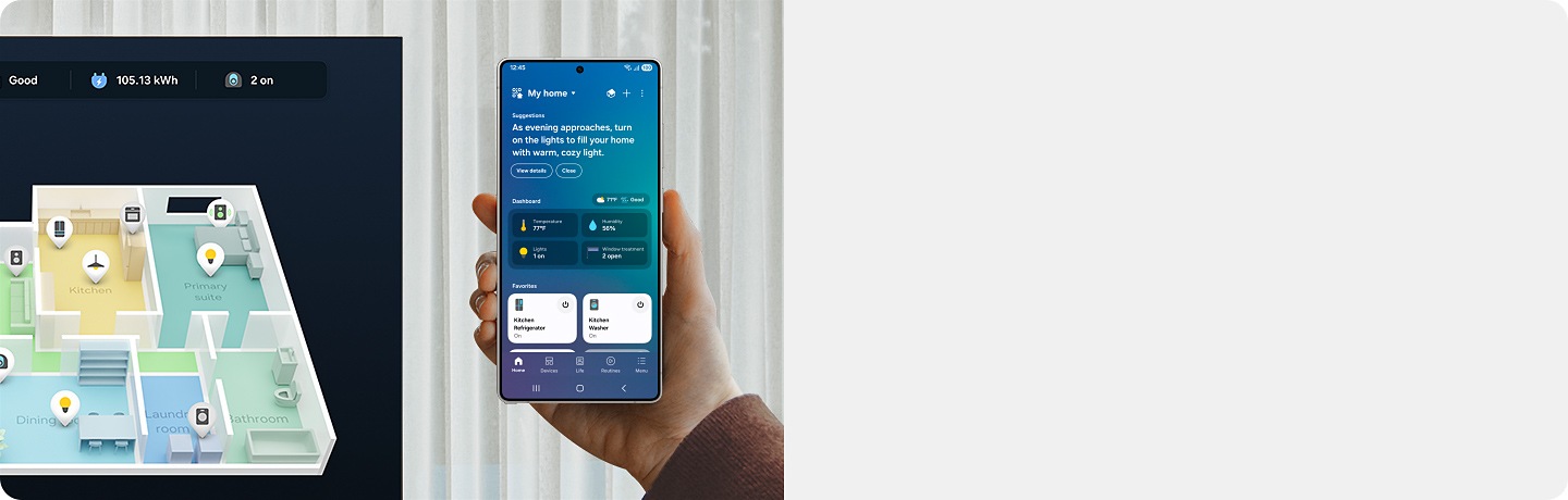 Smart TV Samsung zobazuje 3D mapu. V blízkosti je telefon v ruce, na kterém je zobrazená domovská obrazovka SmartThings. Jedním dotykem se chytrý telefon přesune do kategorie Life, kde jsou k dispozici různé možnosti správy domácnosti. Následně se vybere „Energie“, aby se zobrazila spotřeba elektřiny v reálném čase. Po výběru „Energie“ se na obrazovce zobrazí množství elektřiny, které spotřebovávají různá zařízení v domácnosti. Jedním ze zvýrazněných zařízení je televizor. Osoba následně zapne režim AI Energy.