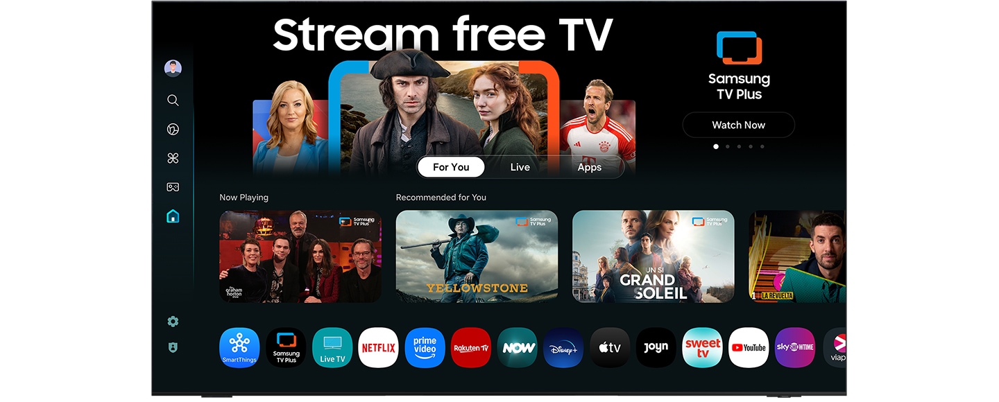 Náhľad na domovskú obrazovku One UI Tizen. Ikony rôznych platforiem a streamovacích služieb, ako príklad sú zvýraznené SmartThings, Samsung TV Plus, Live TV a Netflix. V ďalšom kroku sa náhľad posúva nadol, aby sa ukázala celá domovská obrazovka s rôznymi možnosťami sledovania, vrátane odporúčaní Top 10 seriálov a populárnych žánrov.