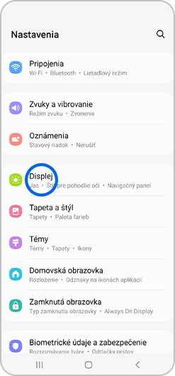 Displej vybraný v menu nastavenia