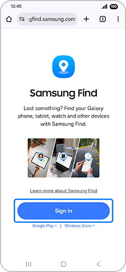 “Samsung Find” scherm met “Aanmelden” gemarkeerd.