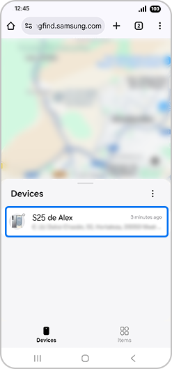 “Apparaten” menu met “S25 de Alex” gemarkeerd.