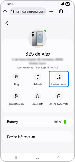 “S25 de Alex” scherm met “Verloren modus uit” gemarkeerd.