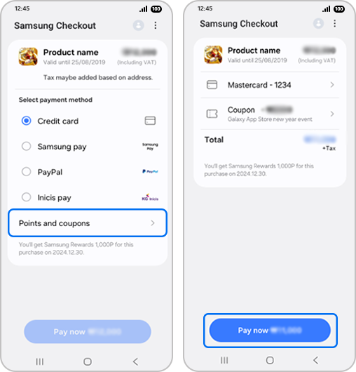 Pantalla de “Samsung Checkout” con “Puntos y cupones” resaltado.		Pantalla de “Samsung Checkout” con “Pagar ahora” resaltado.