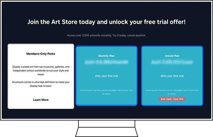 Pantalla de “Membresía de Art Store” con “Plan Mensual” y “Plan Anual” resaltados.