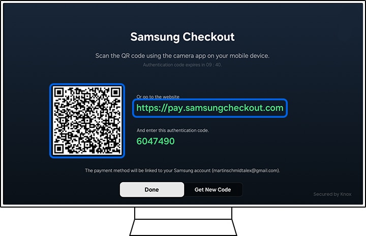 Pantalla de “Samsung Checkout” con el código QR y la URL resaltados.