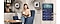 A woman holding a book in one hand and a mug in the other. Two Music Frames are mounted on the wall. On the right, a GUI of Media output pop-up displays the currently playing music and a list of three connected speakers, Music Frame Left, Music Frame Right and Living room speaker. Below each speaker name is a volume control bar.
