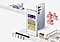 The Samsung Wallet app runs on a Galaxy S25 Ultra device, displaying digital cards for a boarding pass, credit card, transit card and movie ticket. Nearby, a curved road winds through various locations, including an airport, cafe, bakery, bookstore, subway and theater.