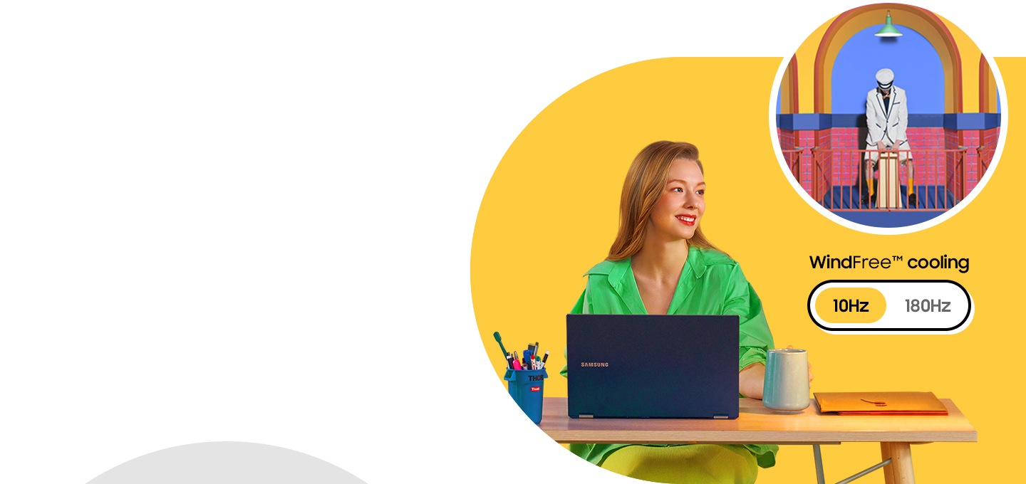 A woman sits in front of her laptop. Under 10Hz windfree cooling mode, the woman turns to her right, where a man in a sailor suit is slowly pushing a pump. But her hair doesn't move. Then, the mode changes to powerful cooling mode under 180Hz. A man starts pushing the pump more intensely and the woman's hair starts blowing.