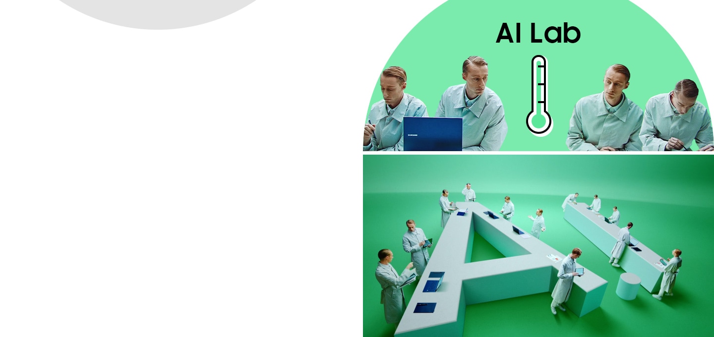 4 identical men sit around a thermometer that says AI Lab. Below, the same identical men stand around a white table made of the letters A and I checking computers and charts. The camera slides down and a man puts up an open sign in a cafe. The label above a thermometer on top now changes to Cafe 24℃. Again, the camera shifts and a woman gets on her chair inside an office. The thermometer changes to Office 21℃. Then, a woman approaches an exercise bike in a gym and the thermometer changes to Gym 18℃.