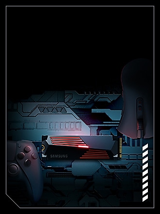 The 990 PRO with heatsink SSD is displayed in the center with glowing parts, and half of a gaming controller can be seen at the left edge of the image.