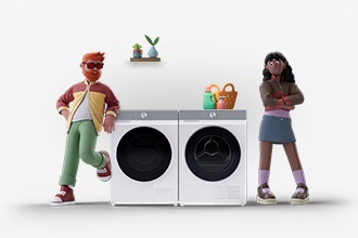 A couple stands around a Bespoke AI Washer and Dryer, which are both in White and stand adjacent to one another. Living utensils comprise the background: a laundry basket atop one of the appliances and plants on the wall.