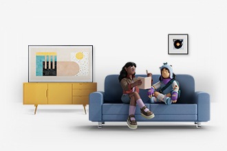 Friends are seated on a long sofa. Behind them is The Frame reflecting a modern artwork and hanging from the wall is Music Frame. Furniture are vividly colored, indicating they're interior enthusiasts who enjoy leisure time and have sensible taste.